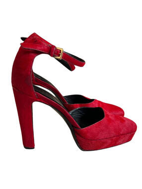 GUCCI BY TOM FORD RED PONY HAIR‎ PLATFORM ANKLE STRAP HEELS 1996